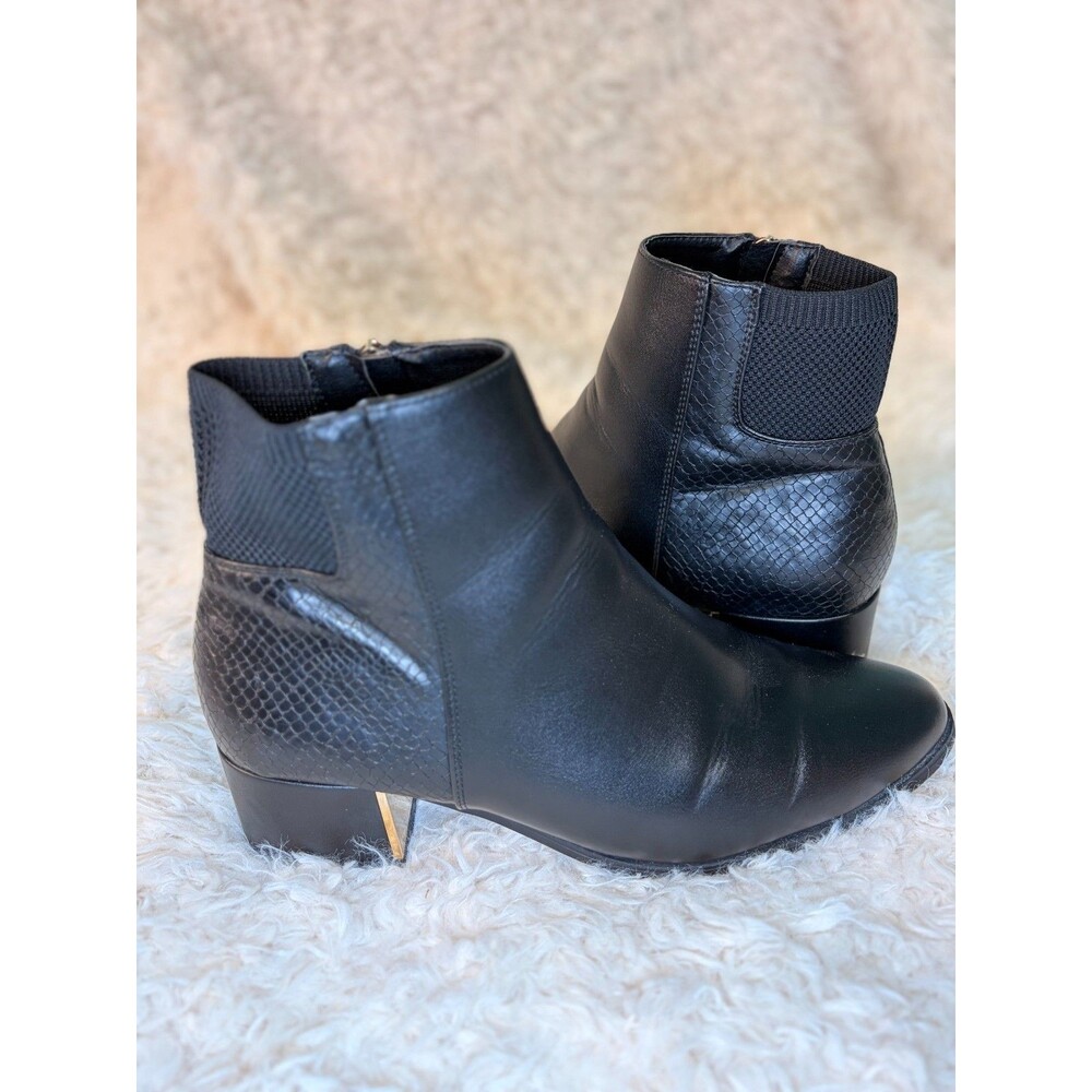 Jessica Cline Ariya Black Snakeskin Ankle Boots Gold Metallic Block Heel